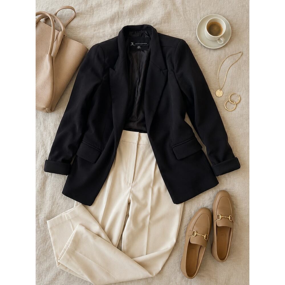 Jules & Leopold Black Minimalist Open Front Career Blazer Jacket